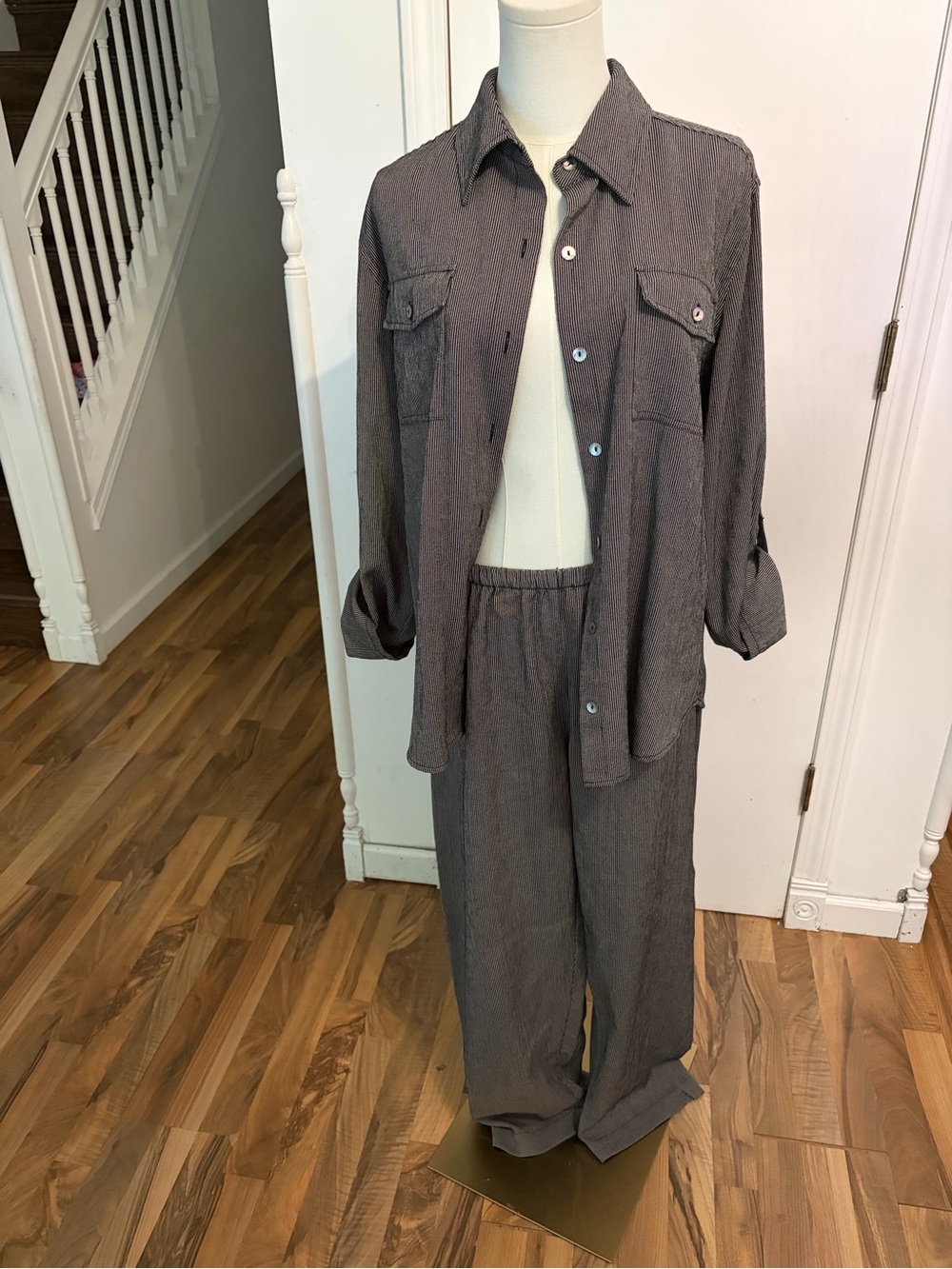 Vintage Black and White Micro Stripes, Long Sleeve / Pants Set, Size 1 - S/M